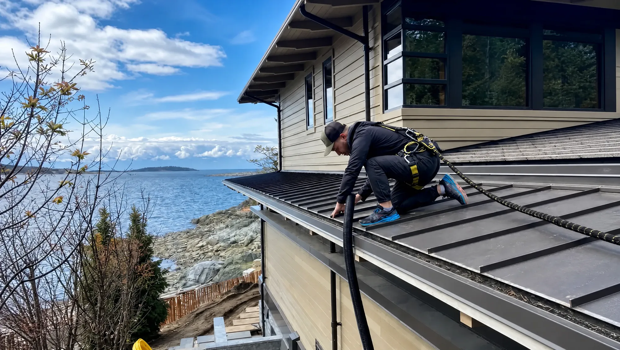 Berg Maintenance technician clearing a gutter on an oceanfront home in Nanaimo